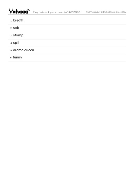RAZ Vocabulary E: Dollys Drama Queen Day PDF words glossary