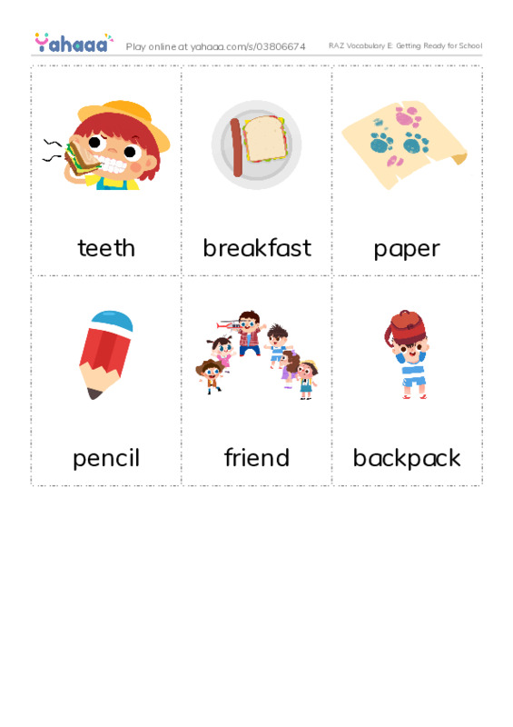 RAZ Vocabulary E: Getting Ready for School PDF flaschards with images