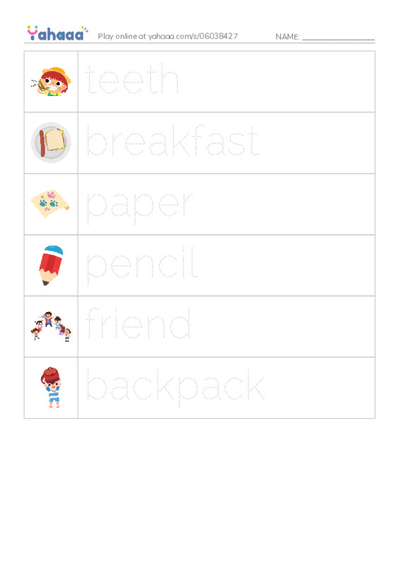 RAZ Vocabulary E: Getting Ready for School PDF one column image words
