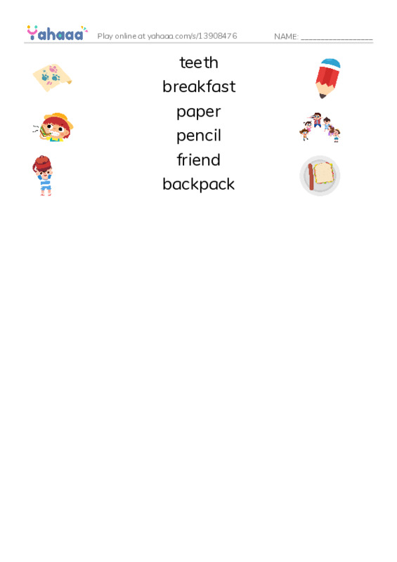 RAZ Vocabulary E: Getting Ready for School PDF three columns match words
