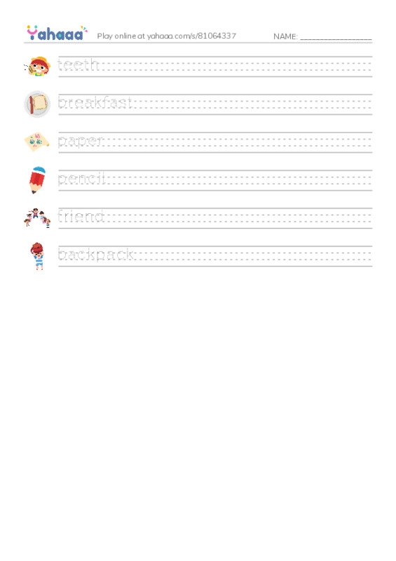 RAZ Vocabulary E: Getting Ready for School PDF write between the lines worksheet