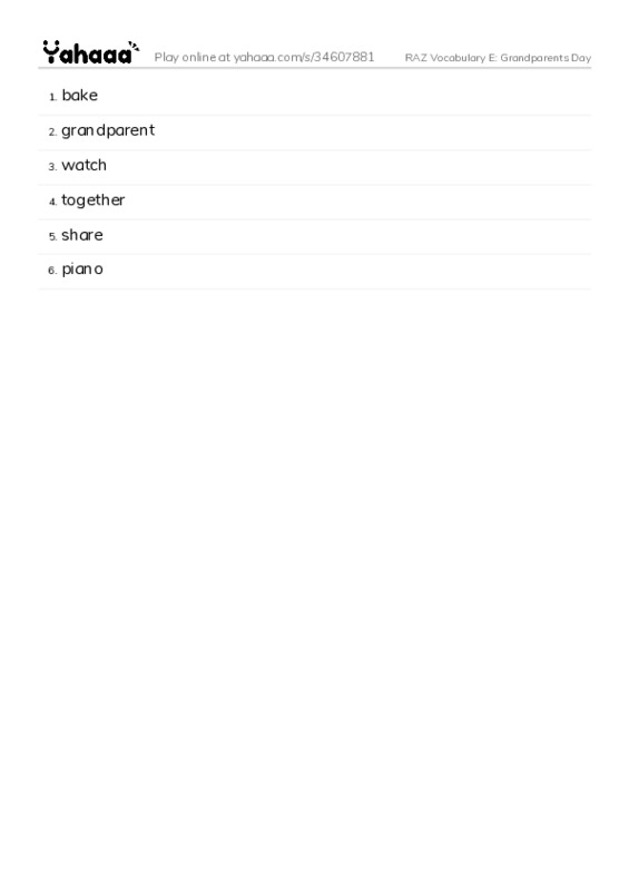 RAZ Vocabulary E: Grandparents Day PDF words glossary