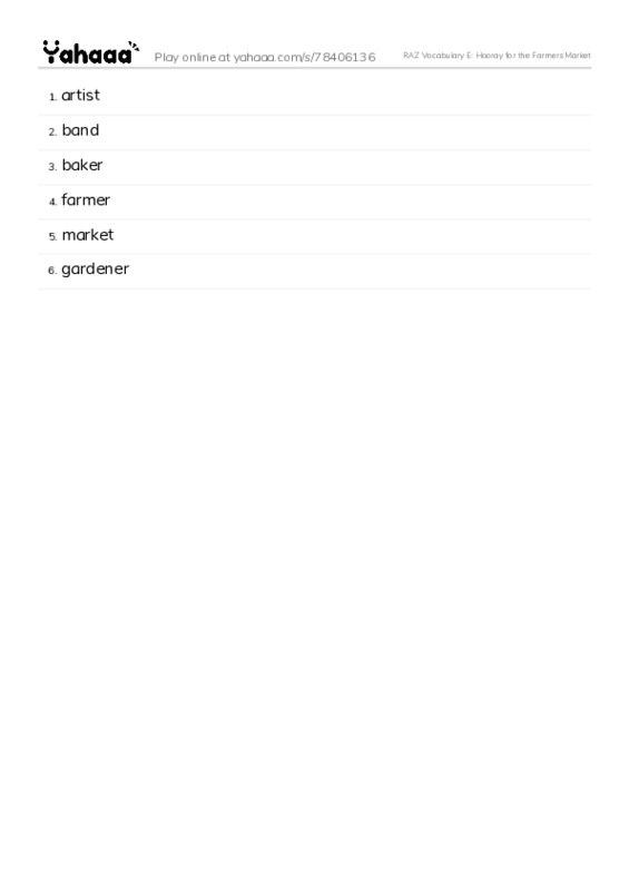 RAZ Vocabulary E: Hooray for the Farmers Market PDF words glossary