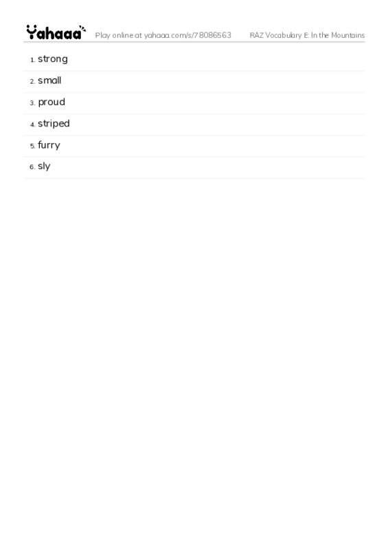 RAZ Vocabulary E: In the Mountains PDF words glossary