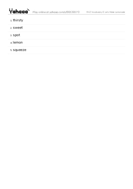 RAZ Vocabulary E: Lets Make Lemonade PDF words glossary