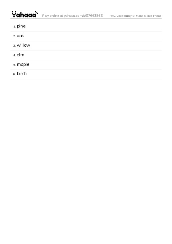 RAZ Vocabulary E: Make a Tree Friend PDF words glossary