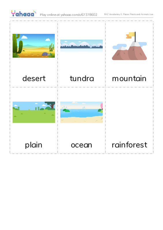 RAZ Vocabulary E: Places Plants and Animals Live PDF flaschards with images