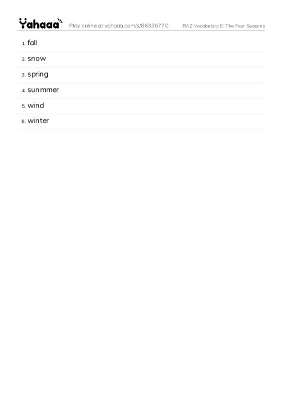 RAZ Vocabulary E: The Four Seasons PDF words glossary