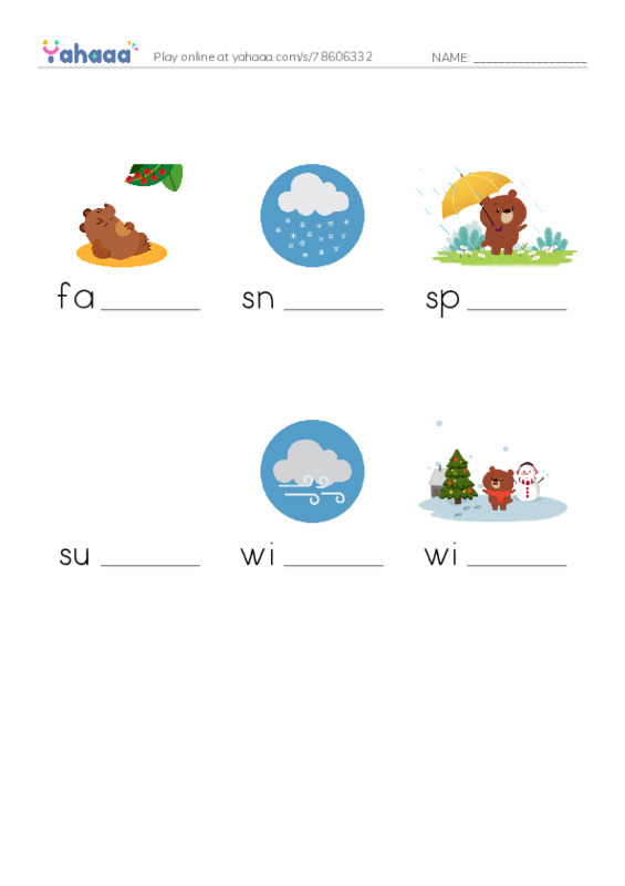 RAZ Vocabulary E: The Four Seasons PDF worksheet to fill in words gaps