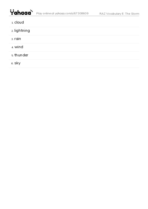 RAZ Vocabulary E: The Storm PDF words glossary