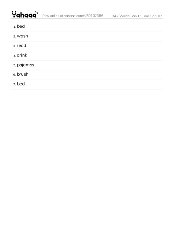 RAZ Vocabulary E: Time For Bed PDF words glossary