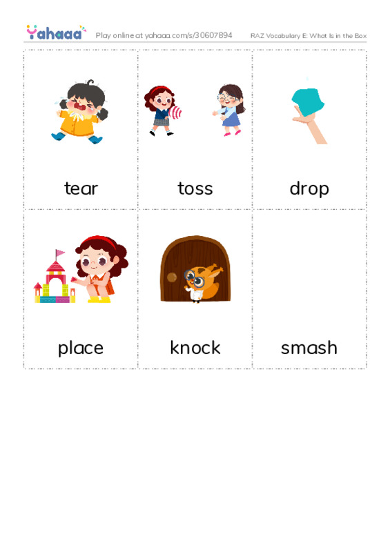 RAZ Vocabulary E: What Is in the Box PDF flaschards with images