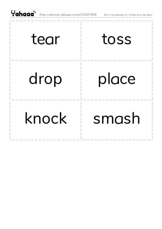 RAZ Vocabulary E: What Is in the Box PDF two columns flashcards