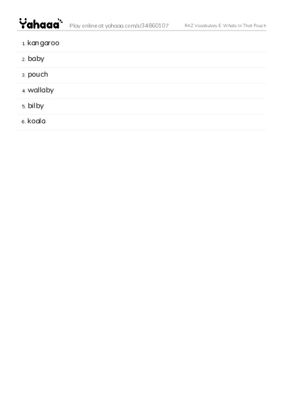 RAZ Vocabulary E: Whats In That Pouch PDF words glossary