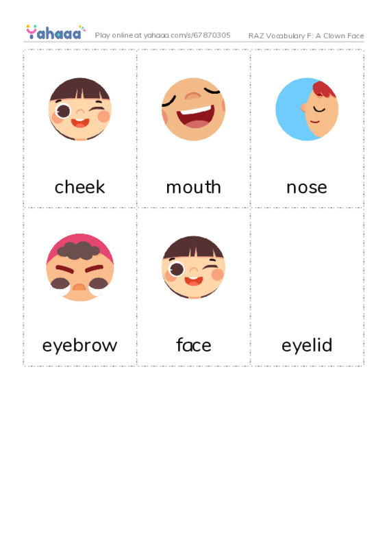 RAZ Vocabulary F: A Clown Face PDF flaschards with images