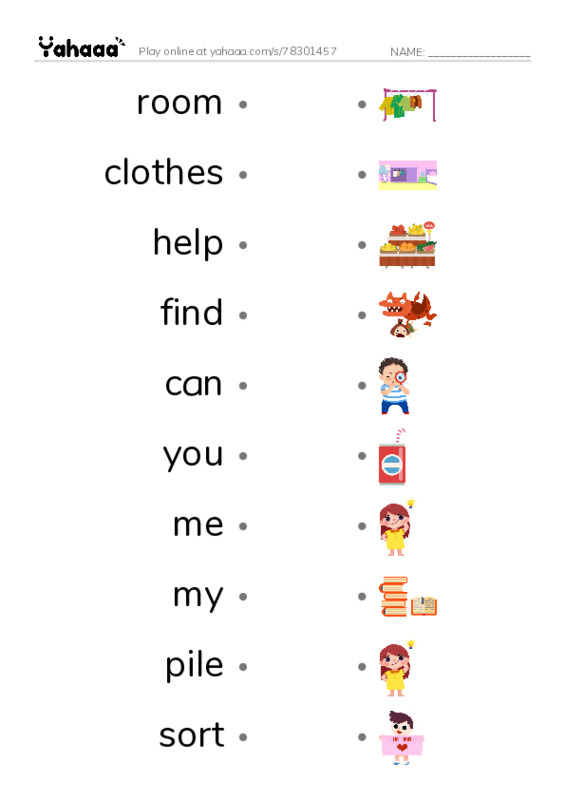 RAZ Vocabulary F: Cleaning My Room PDF link match words worksheet