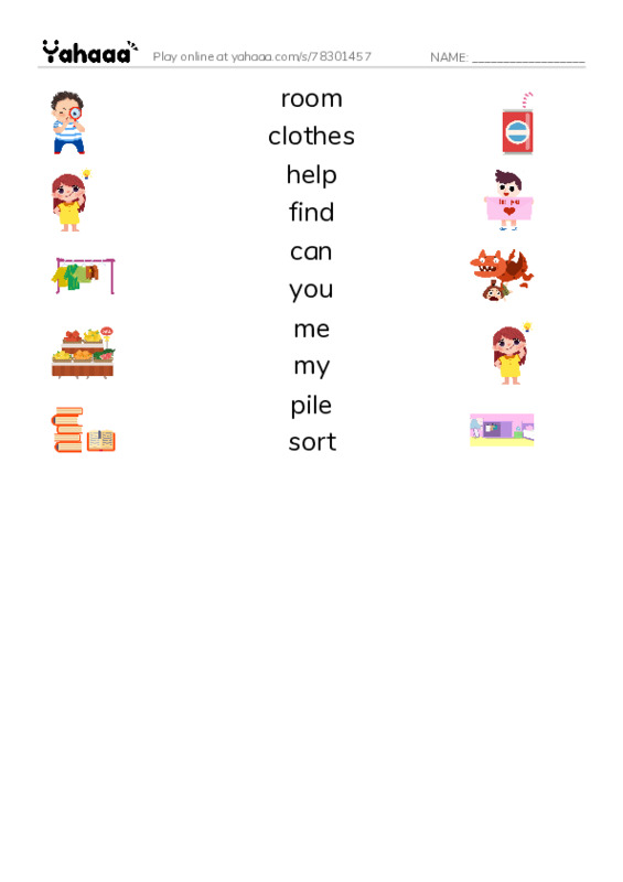 RAZ Vocabulary F: Cleaning My Room PDF three columns match words