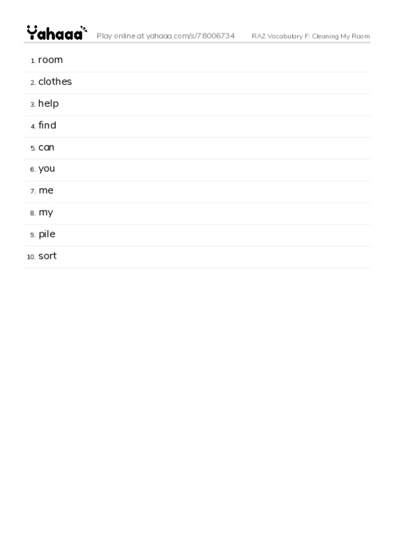 RAZ Vocabulary F: Cleaning My Room PDF words glossary
