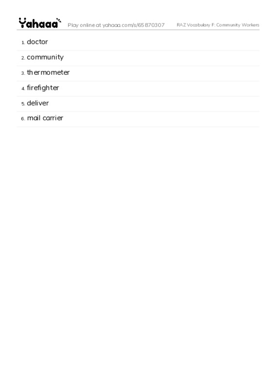 RAZ Vocabulary F: Community Workers PDF words glossary