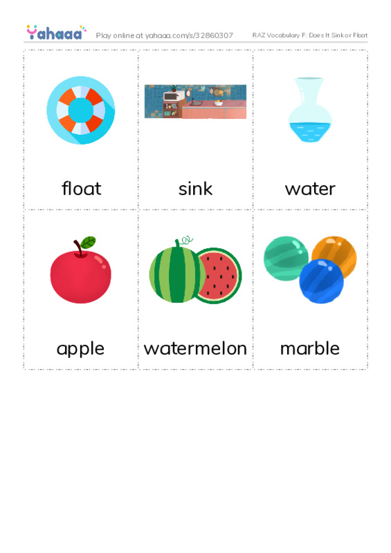 RAZ Vocabulary F: Does It Sink or Float PDF flaschards with images