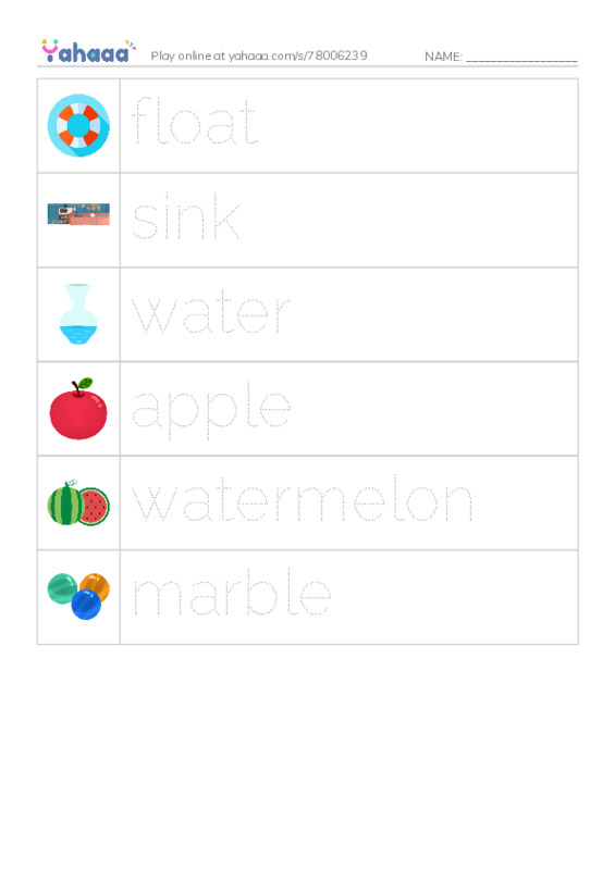 RAZ Vocabulary F: Does It Sink or Float PDF one column image words