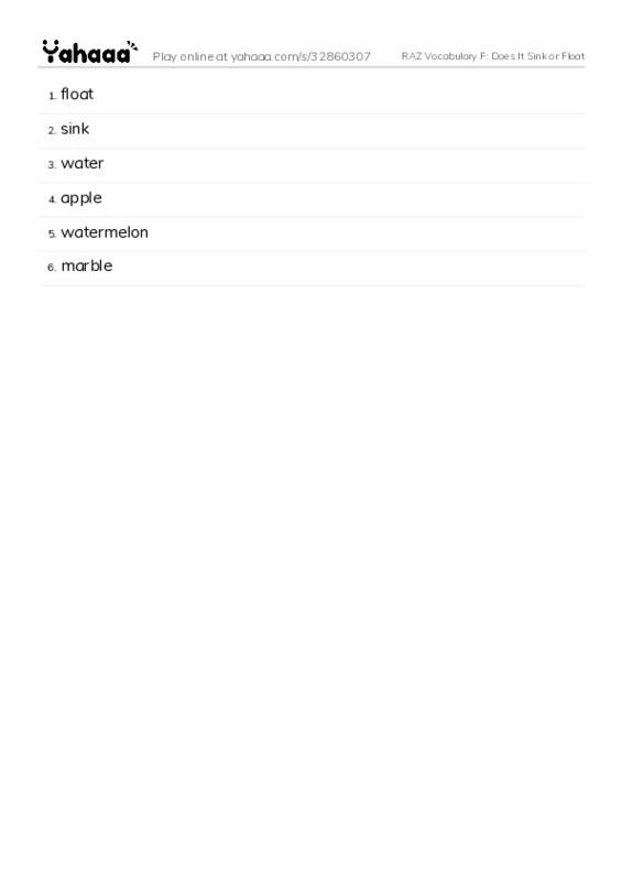 RAZ Vocabulary F: Does It Sink or Float PDF words glossary