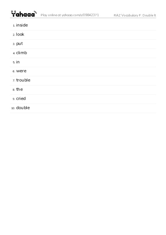 RAZ Vocabulary F: Double It PDF words glossary