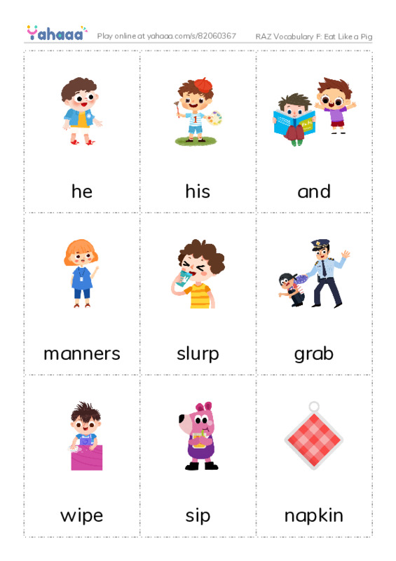 RAZ Vocabulary F: Eat Like a Pig PDF flaschards with images