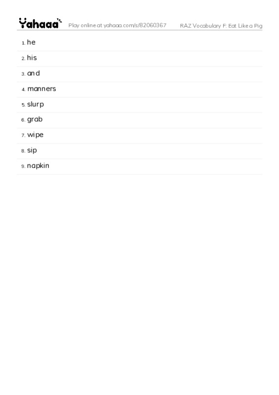RAZ Vocabulary F: Eat Like a Pig PDF words glossary
