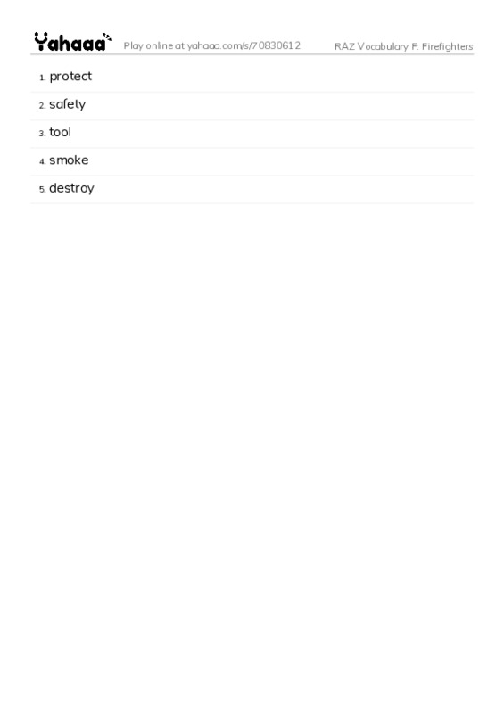 RAZ Vocabulary F: Firefighters PDF words glossary