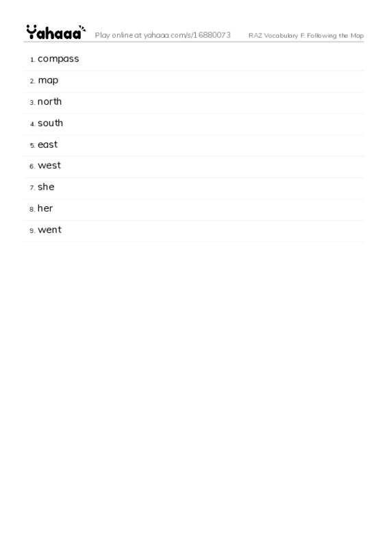 RAZ Vocabulary F: Following the Map PDF words glossary