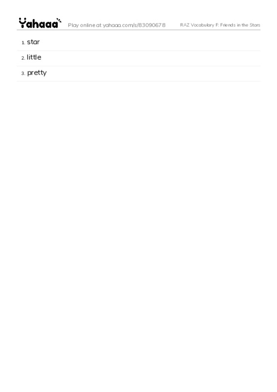 RAZ Vocabulary F: Friends in the Stars PDF words glossary