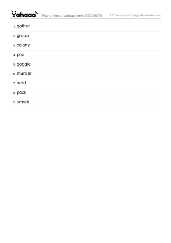 RAZ Vocabulary F: Gaggle Herd and Murder PDF words glossary