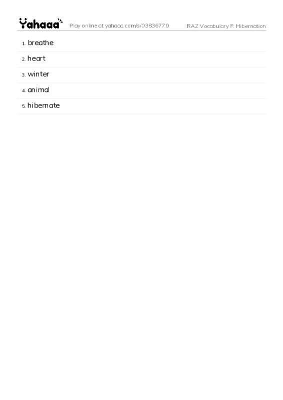 RAZ Vocabulary F: Hibernation PDF words glossary