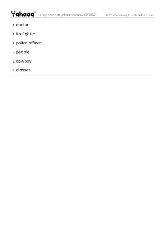 RAZ Vocabulary F: Josh Gets Glasses PDF words glossary