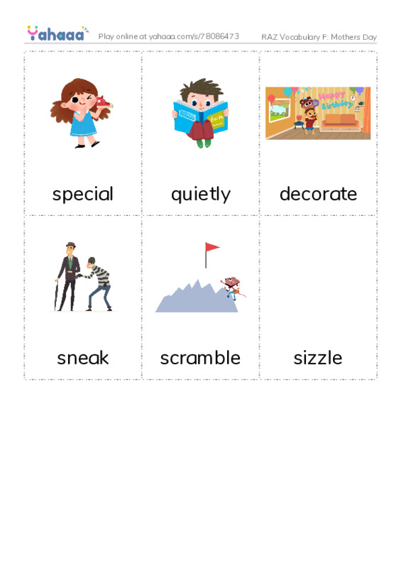 RAZ Vocabulary F: Mothers Day PDF flaschards with images