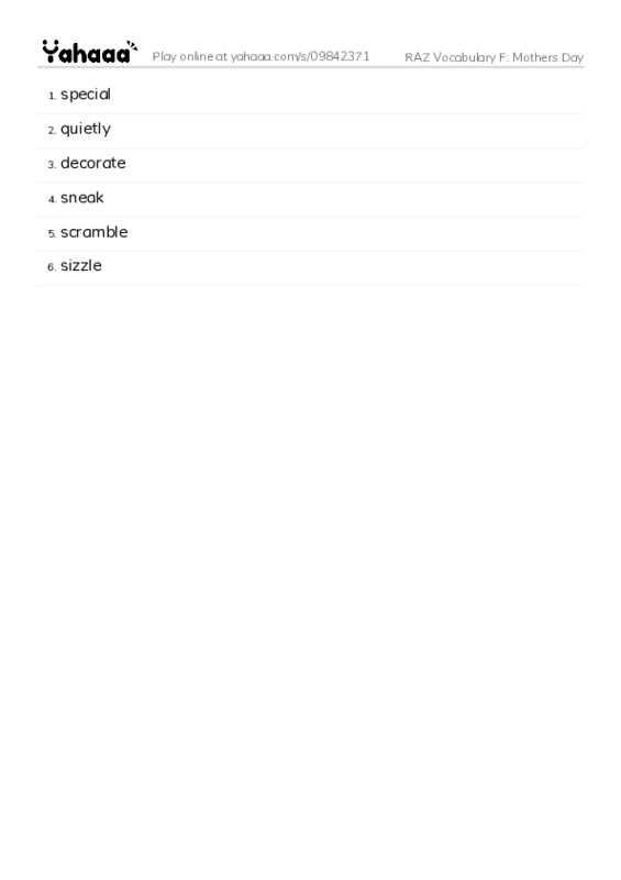 RAZ Vocabulary F: Mothers Day PDF words glossary