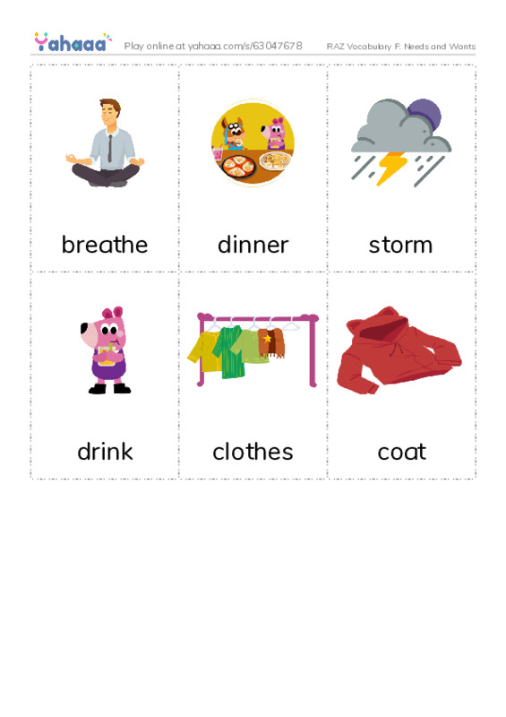 RAZ Vocabulary F: Needs and Wants PDF flaschards with images