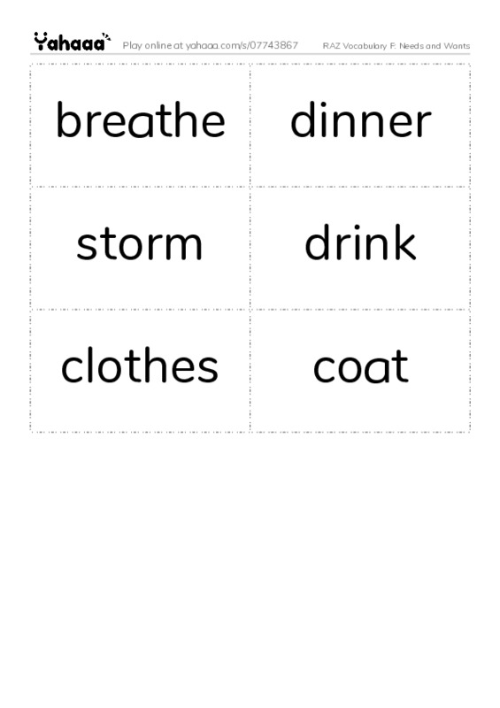 RAZ Vocabulary F: Needs and Wants PDF two columns flashcards