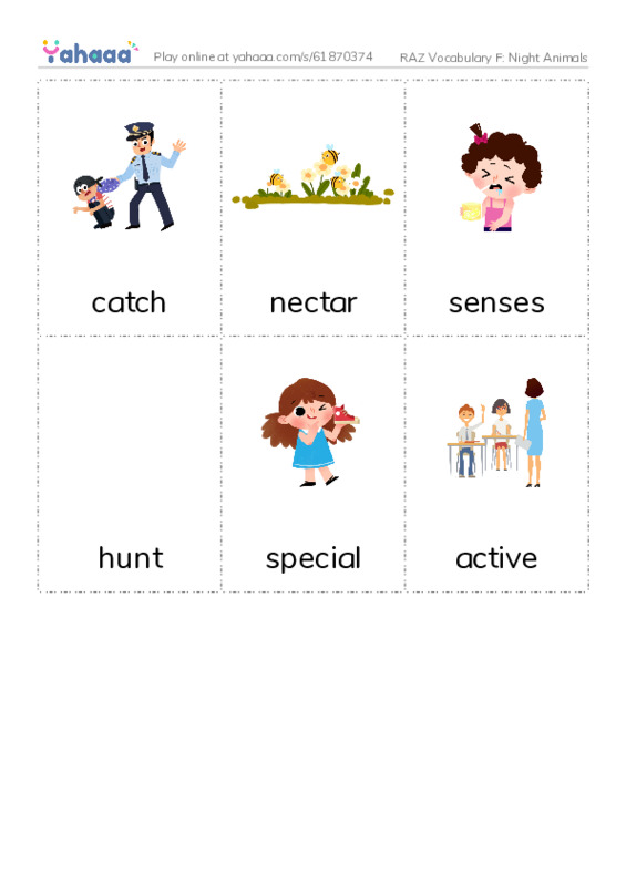 RAZ Vocabulary F: Night Animals PDF flaschards with images