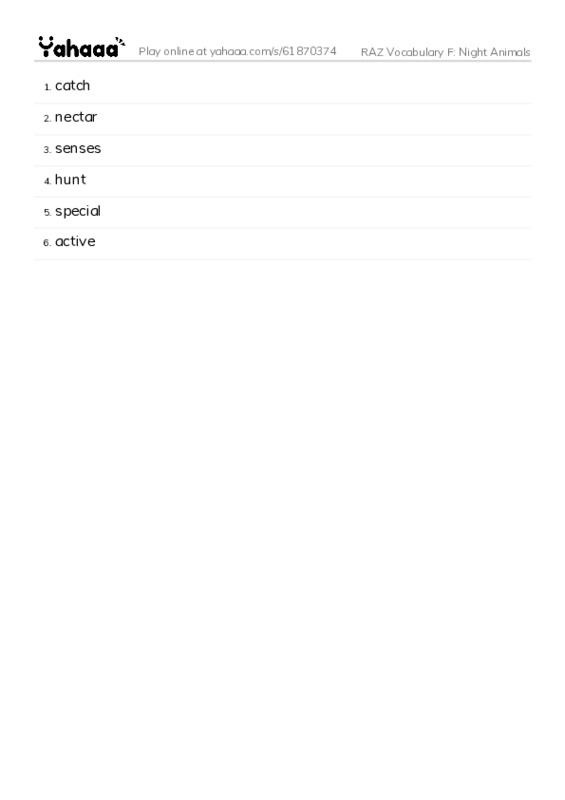 RAZ Vocabulary F: Night Animals PDF words glossary