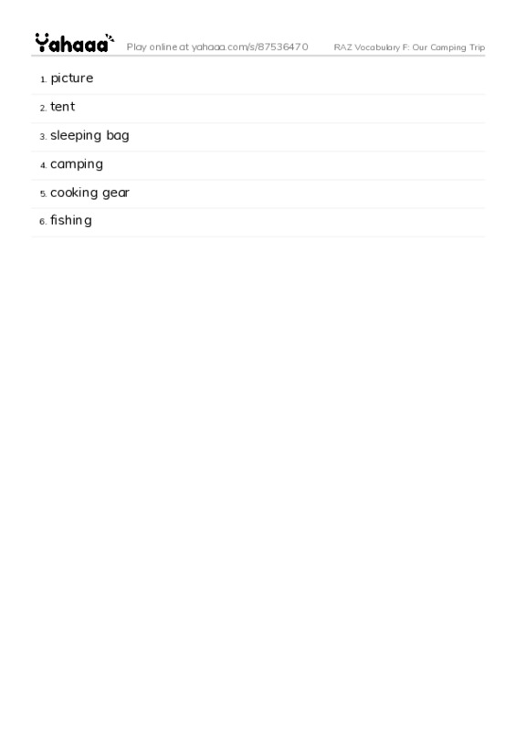 RAZ Vocabulary F: Our Camping Trip PDF words glossary