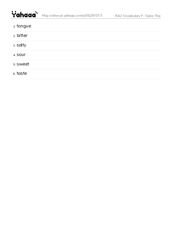 RAZ Vocabulary F: Taste This PDF words glossary