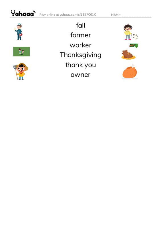 RAZ Vocabulary F: Thank You Everyone PDF three columns match words
