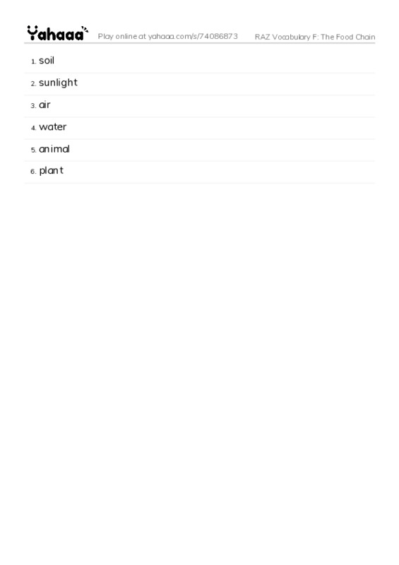 RAZ Vocabulary F: The Food Chain PDF words glossary