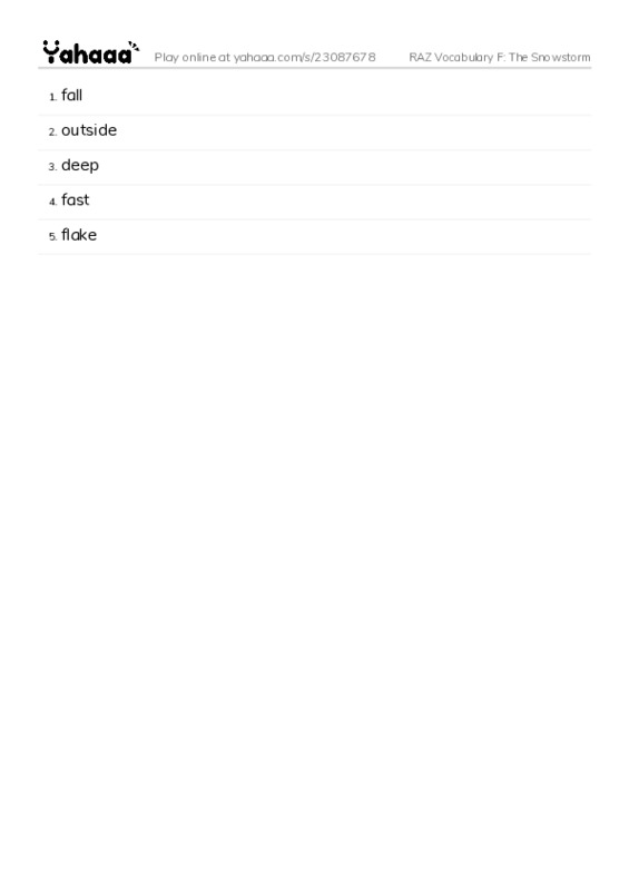 RAZ Vocabulary F: The Snowstorm PDF words glossary