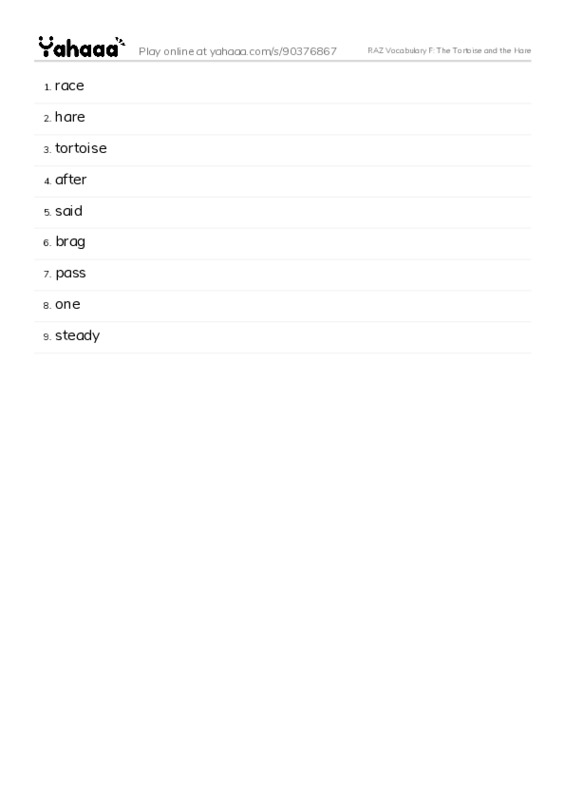 RAZ Vocabulary F: The Tortoise and the Hare PDF words glossary