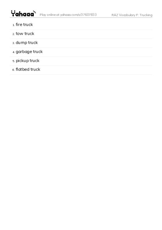 RAZ Vocabulary F: Trucking PDF words glossary
