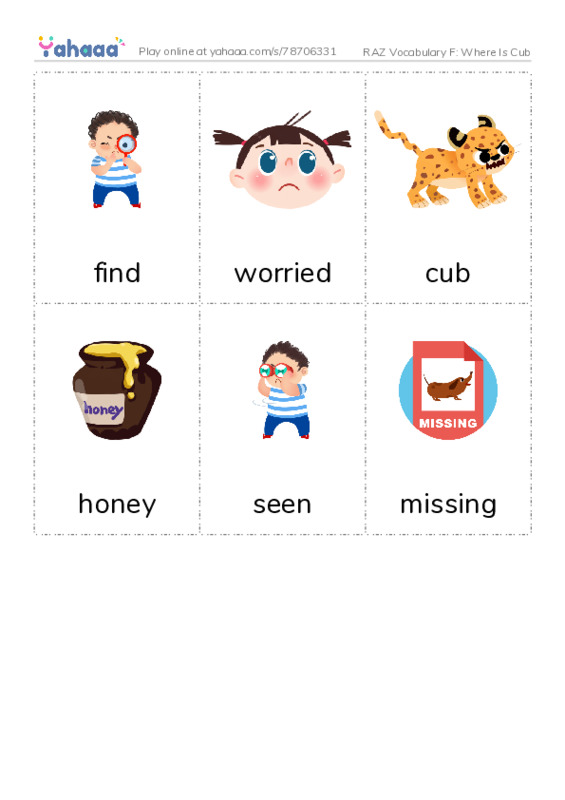 RAZ Vocabulary F: Where Is Cub PDF flaschards with images