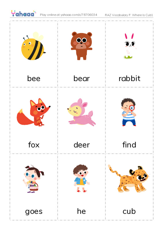 RAZ Vocabulary F: Where Is Cub1 PDF flaschards with images
